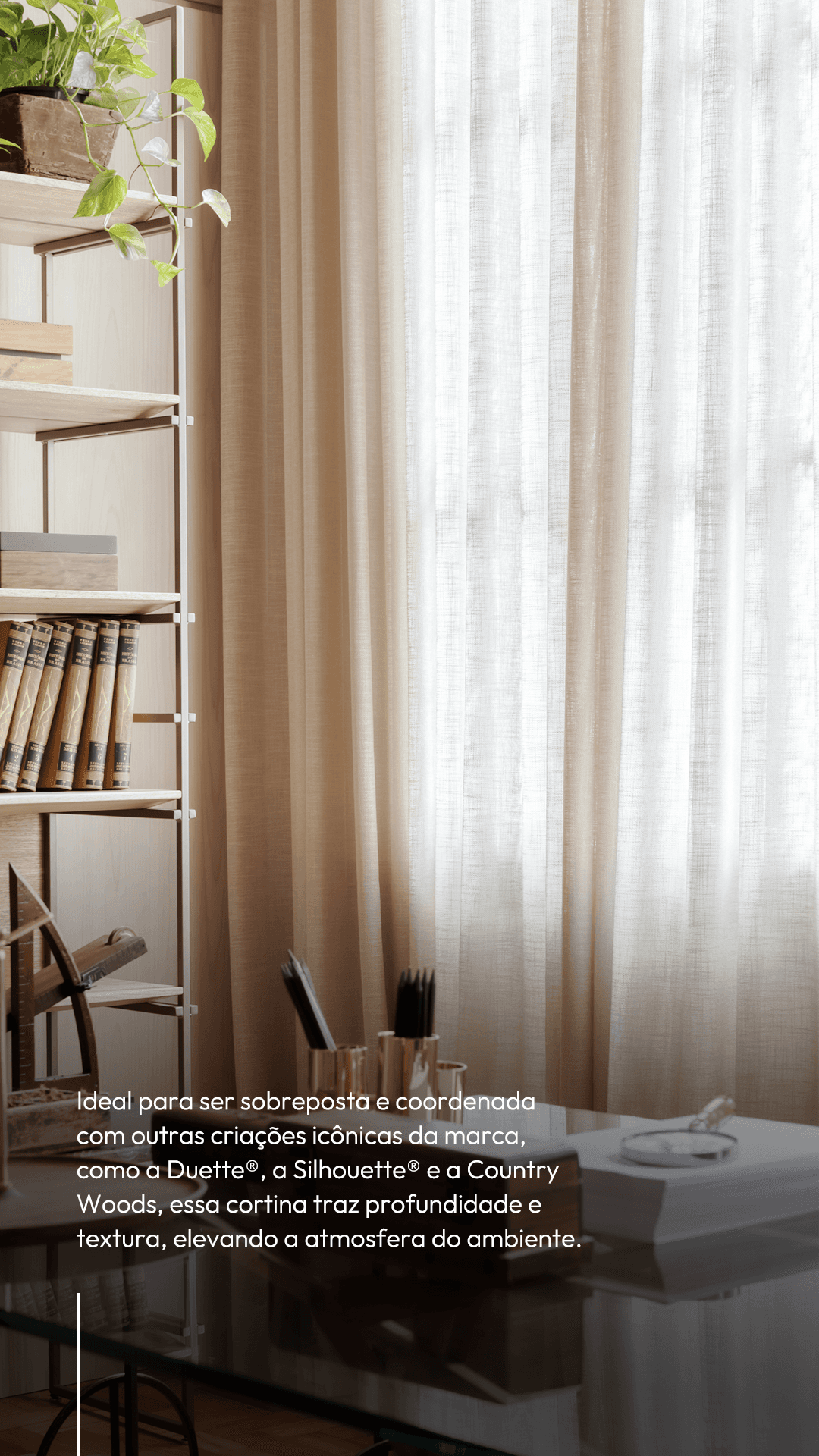 Story Xale Italiano — cortina de tecido italiano com caída elegante em sala de estar Alphaville